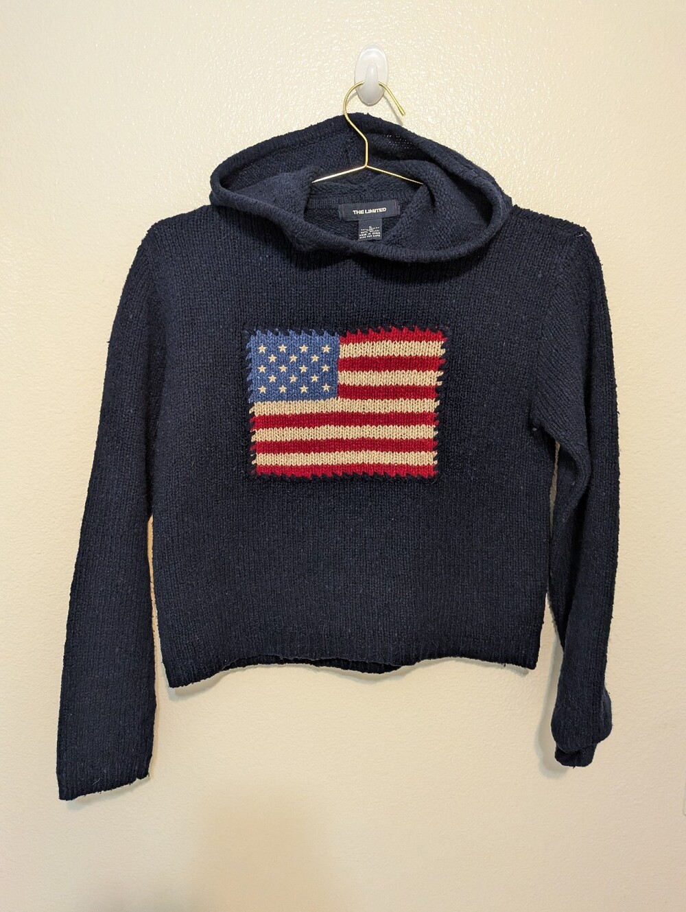 Vintage Y2K The Limited 100% Wool American Flag Hooded Sweater Cropped Small